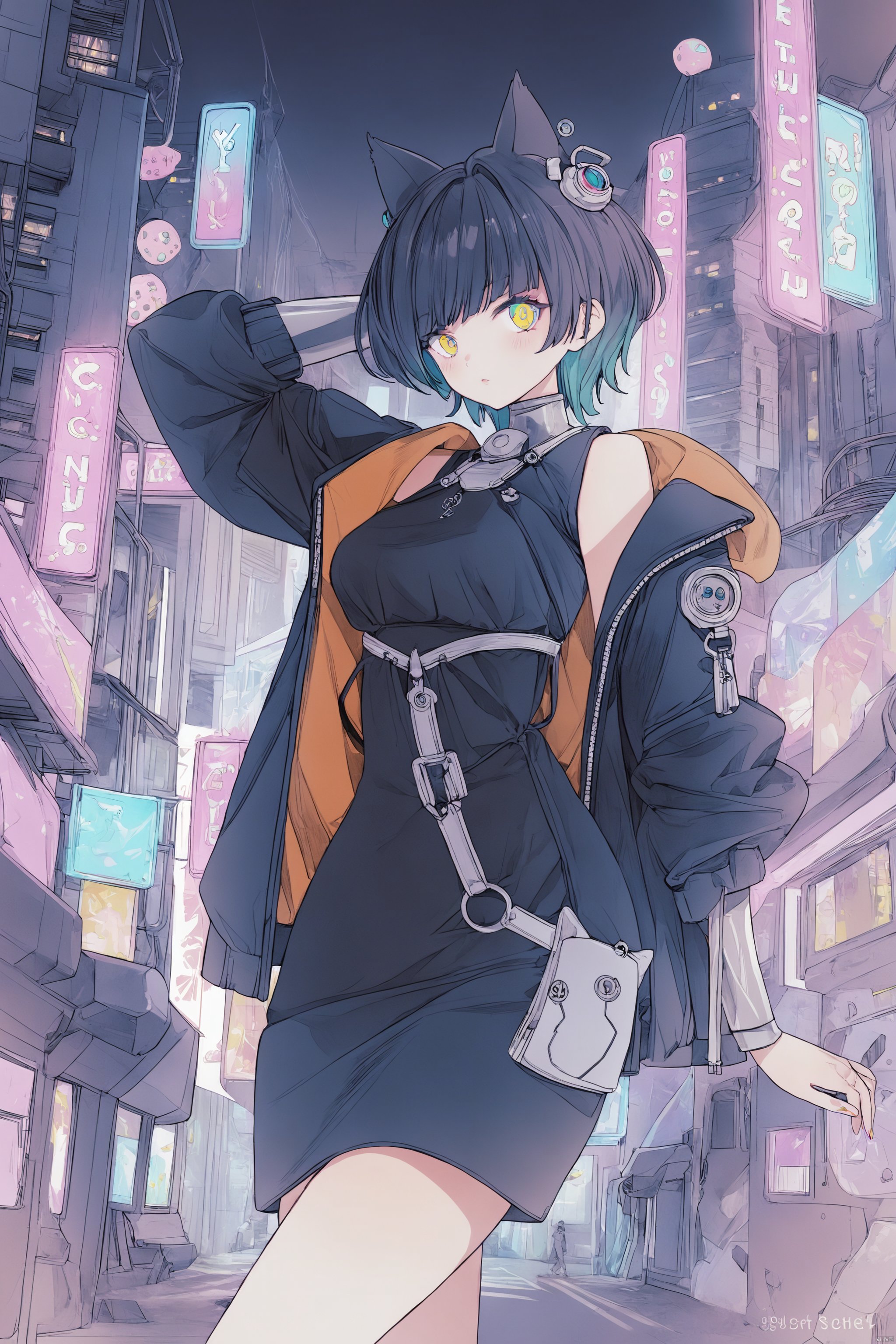 Vibrant digital art illustration of a mature anime girl with short hair, cat ears, and cybernetic eyes, wearing a sleek outfit, posed relaxed amidst a futuristic cityscape with neon lights, showcasing urban exploration, advanced technology, and a mysterious, edgy atmosphere, blending pop art influence with high-tech environment and futuristic fashion.