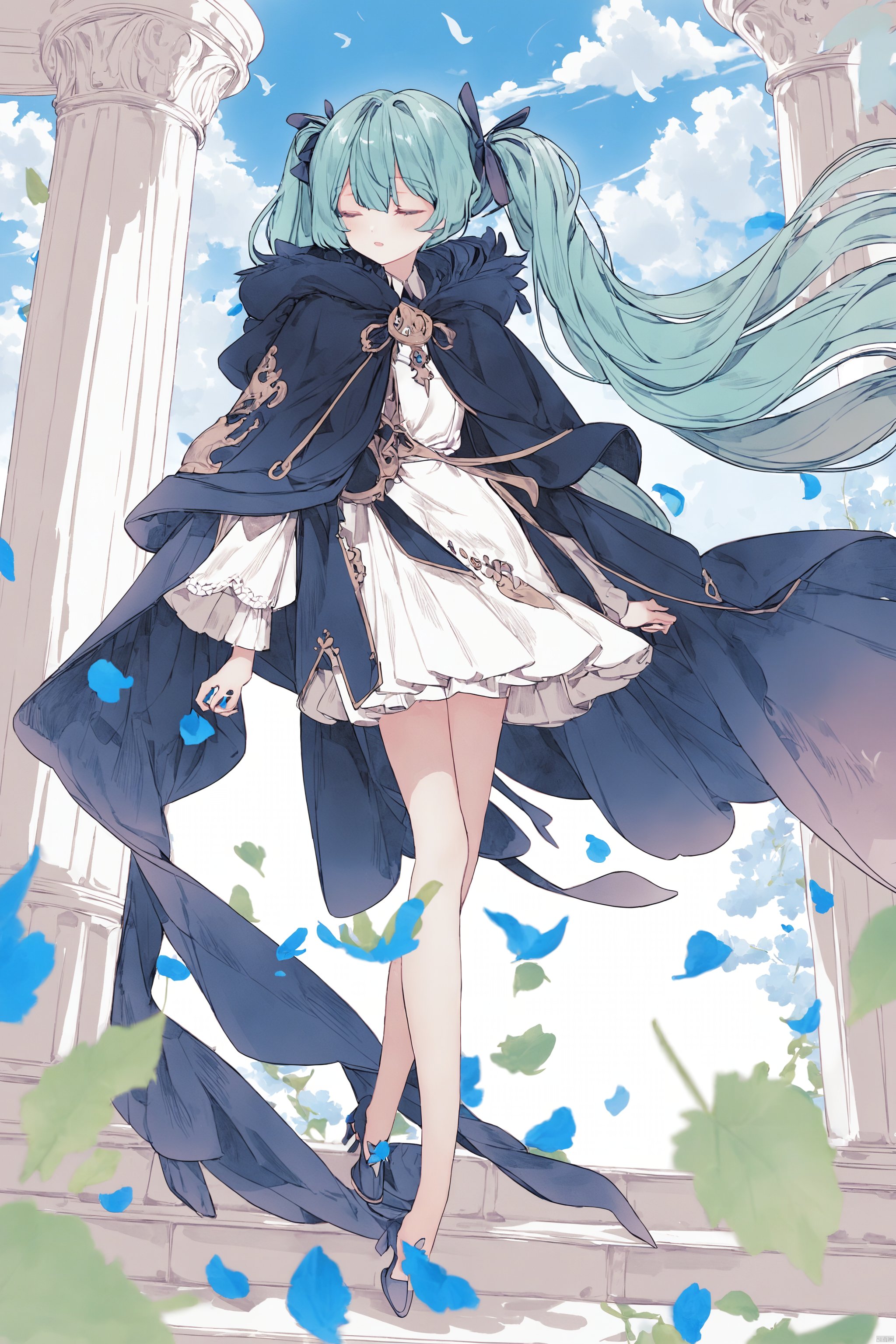 1girl, long hair, dress, ribbon, twintails, sitting, very long hair, standing, closed eyes, hair ribbon, outdoors, sky, day, cloud, hood, cape, blurry, high heels, blue sky, fur trim, petals, floating hair, wind, cloak, blurry foreground, stairs, dragon, hooded cloak, pillar, falling leaves, column, hatsune miku