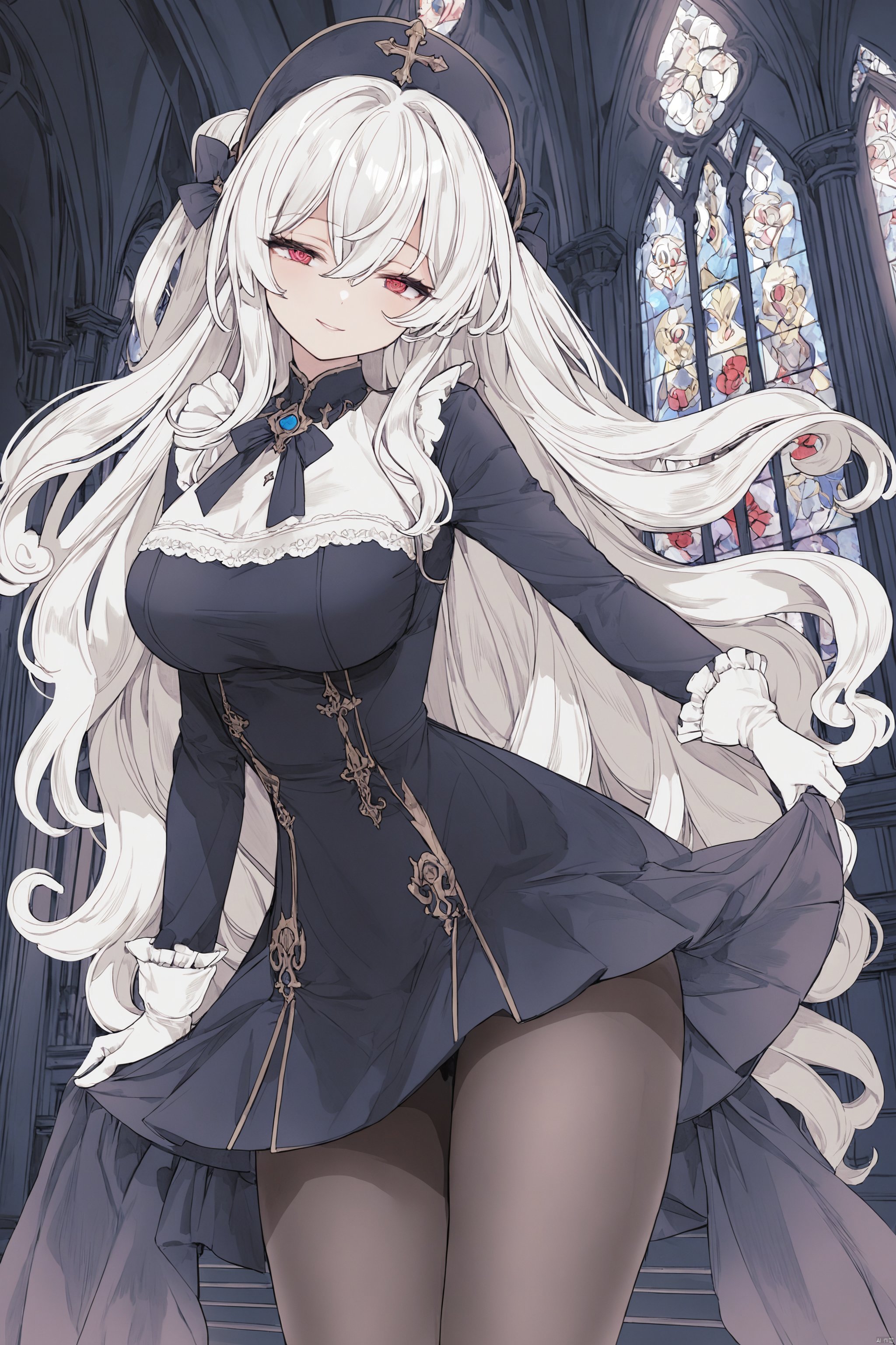 depth of field,gothic architecture,church,stained glass,sunlight1girl,solored eyes,white hair,long hair,curly hair,hair between eyes,large breastsnun,short dress,long sleeves,white gloves,black pantyhose,lace trimcowboy shot,seductive smile,half-closed eyes,looking at viewer,finger to mouth,hand on own chestmasterpiece,bestquality,onnk,line art,line style, neat hair,