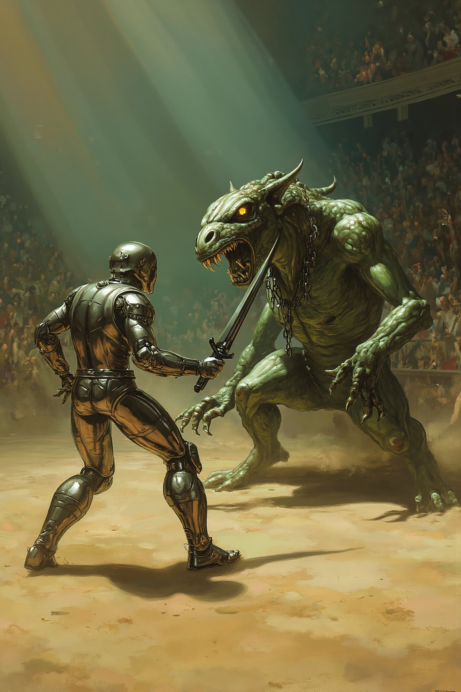 RetroSci style. A fierce, human-like robot gladiator, shining in reflective steel armor, faces off against an alien beast with reptilian scales and glowing eyes. The arena is packed with cheering crowds, with bright, futuristic lights casting dramatic shadows on the sandy floor. The gladiator holds a massive electric sword, ready to strike, while the beast roars, chains dangling from its neck.