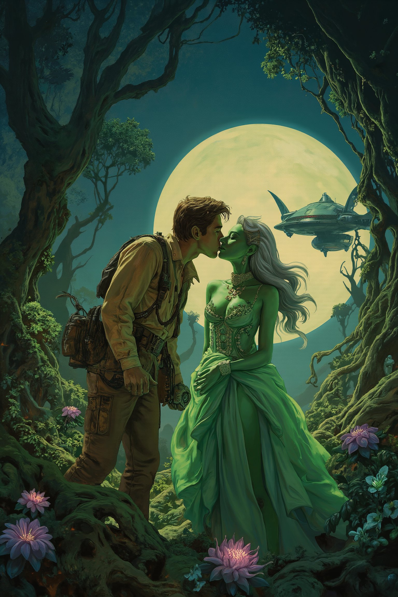 RetroSci style. A dashing space explorer leans in to kiss a beautiful alien princess with green skin and flowing silver hair. They are surrounded by towering alien plants with bioluminescent flowers, glowing in shades of pink and purple. The princess’s long, revealing gown flutters in the warm jungle breeze as their spacecraft hovers behind them, ready for a quick escape.