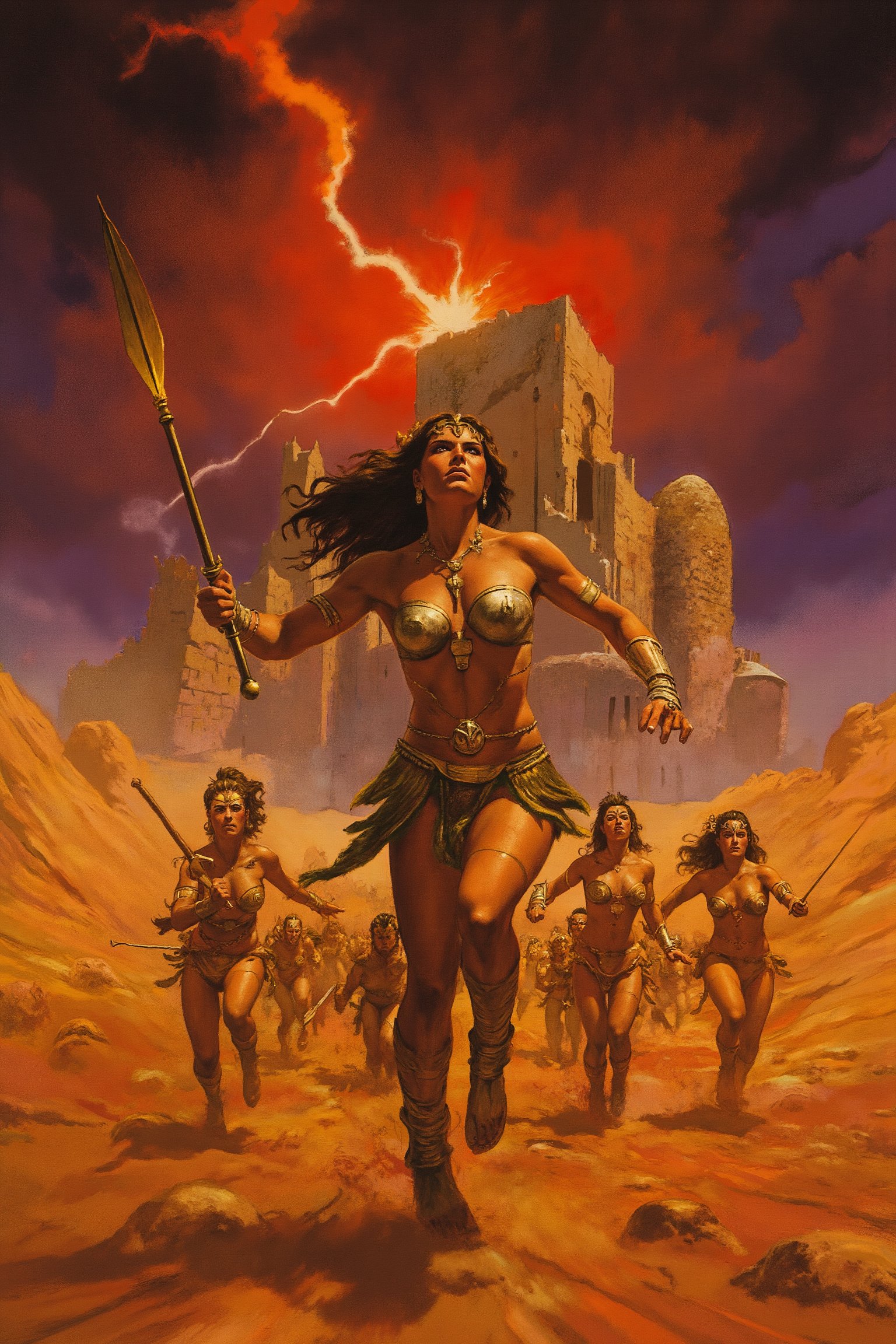 RetroSci style. A towering Amazonian warrior queen, in a battle stance, wielding a gleaming golden spear. Her flowing hair and revealing silver armor shimmer in the sunlight. Around her, an army of warrior women are charging across a burning desert toward a crumbling, ancient fortress. The sky is swirling with dark red and purple clouds as lightning strikes in the distance.