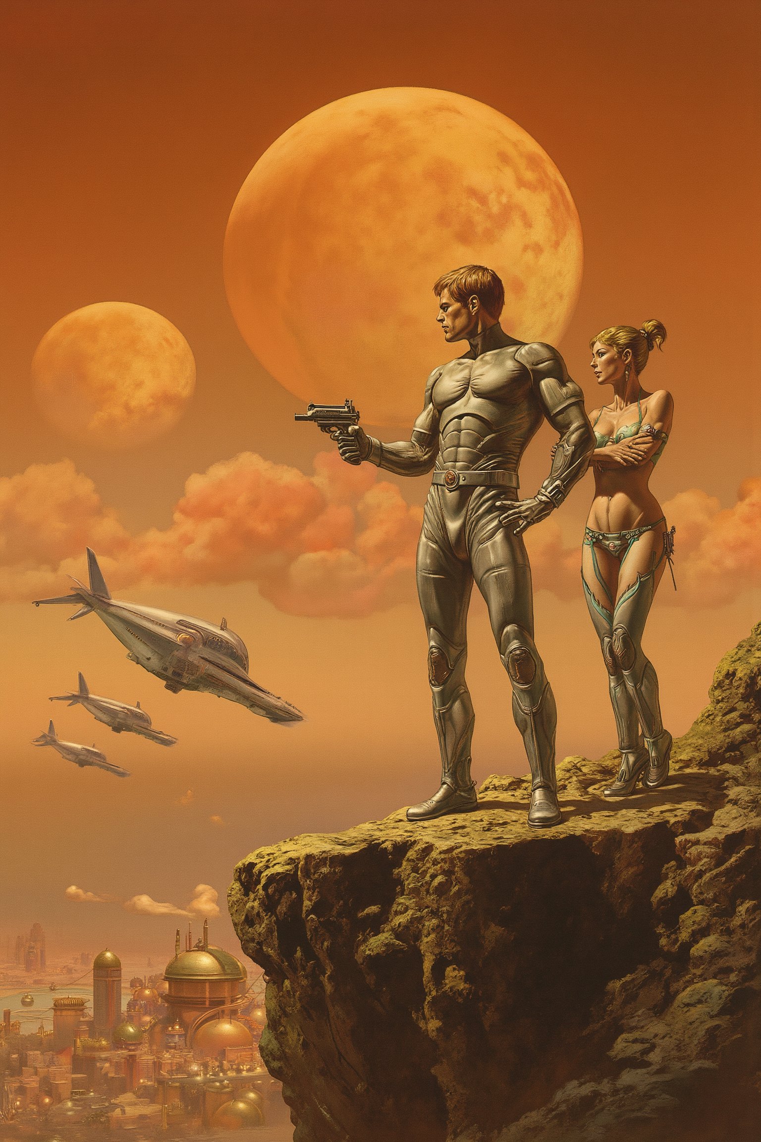 RetroSci style. A rugged, muscular space commander in a tight silver suit, holding a laser gun, stands atop a rocky alien cliff. Two moons rise in the orange-hued sky. Around him, his glamorous female companion in futuristic armor clutches his arm, looking worried. In the background, sleek, chrome-plated spaceships zip by, their exhaust lighting up the alien cityscape below.