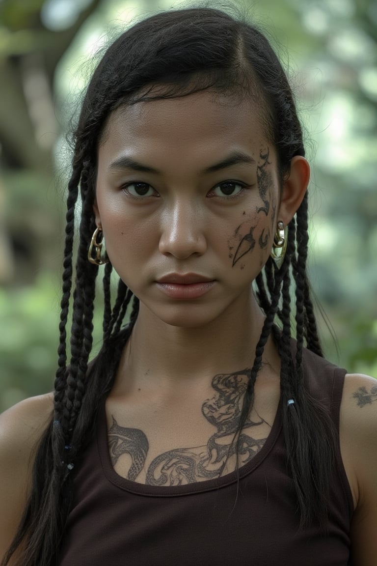 Create a super-realistic portrait in a high-definition film photography style. The subject is a tribal Malay woman with honey brown skin, vibrant brown eyes, and intricate tribal tattoos adorning their face. Their expression is enigmatic, with an intense gaze that directly engages the viewer from a low-angle perspective, evoking intrigue and empathy. Her hair is long, black and braided with traditional method. This person stands amidst an ancient, mist-shrouded tropical forest of Borneo, adding an air of mystery to the composition. Ethereal light filters through towering trees, casting dappled shadows across their face and enhancing the sense of depth and texture in the image. The captivating blend of fantasy and realism in this portrait creates a profound emotional connection with the audience, inviting them to explore the soul of this mysterious character. WeeM