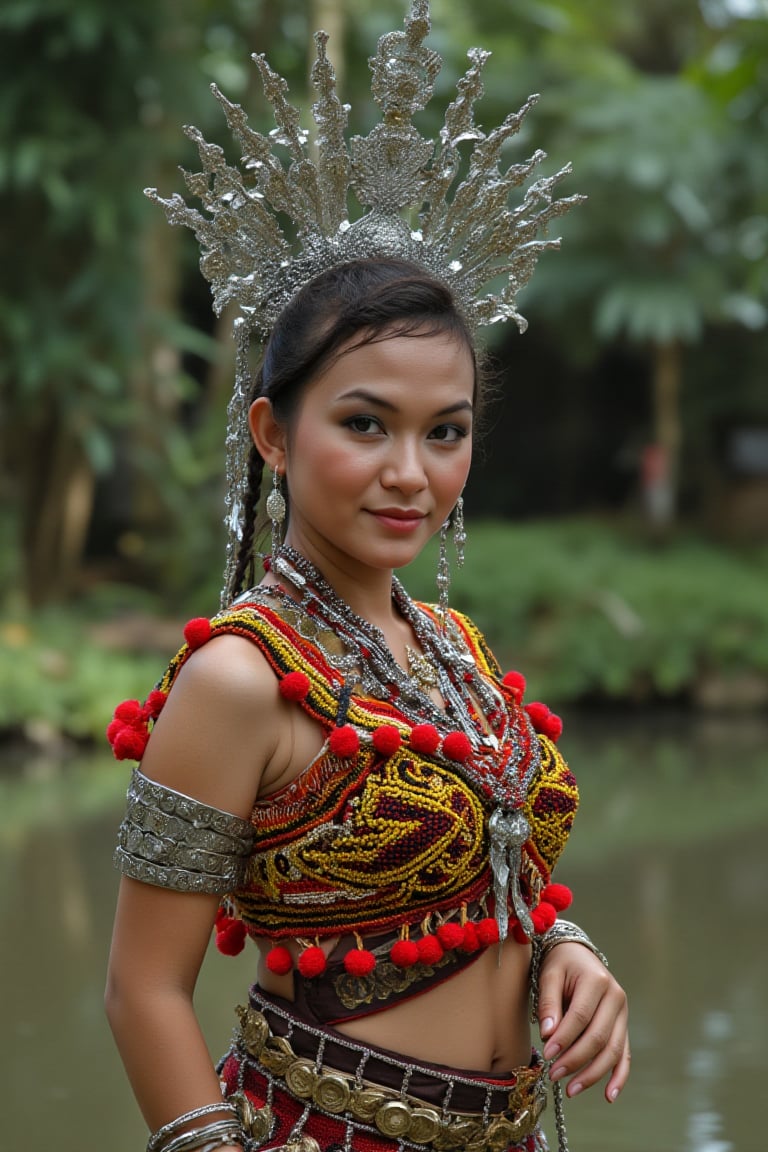 A professional photoshoot depicts a beautiful Malay woman wearing a traditional IbanAttireXmiya from Borneo, characterized by intricate craftsmanship and vibrant colors. She dons a silver, floral-adorned headpiece known as a "Sugu Tinggi," symbolizing beauty and prestige. Her hair is also breaded with the same silver and floral ornaments as the headpiece. Her beaded top, called "Baju Marik Empang," is detailed with yellow, red, and black geometric patterns, accented by red pom-poms along the edges, showcasing the Iban's beadwork artistry. Around her waist is a belt made of gold or brass coins, adding an element of opulence, while her arms are adorned with multiple bangles, enhancing the ceremonial elegance. The woman is short in stature yet busty and sexy. Her skin is Traditional tribal tattoos on both of her arm. The backdrop is a muddy river in the midst of a thick tropical forest.
perfect anotomy perfect hand.beautiful fingers .perfect image model.,WeeM,FluxBoost