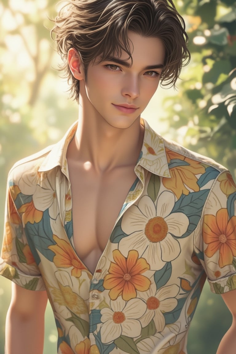 Anime style, exquisite male character, wearing a vibrant flowers shirt, medium shot, soft pastel colors, detailed facial features, expressive eyes, gentle lighting, standing in a natural setting, relaxed posture, focus on the intricate floral design of the shirt, delicate shading and highlights, gentle breeze, slight smile.