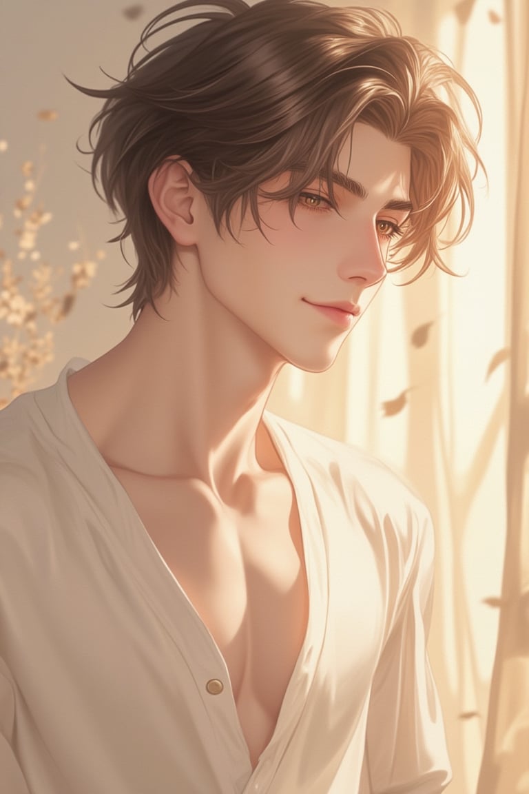 Anime style, exquisite male character with a gentle smile, medium shot, soft pastel colors, detailed facial features, expressive eyes, gentle lighting, standing in a serene environment, slight tilt of the head, relaxed posture, focus on the warmth and charm of his smile, delicate shading and highlights.