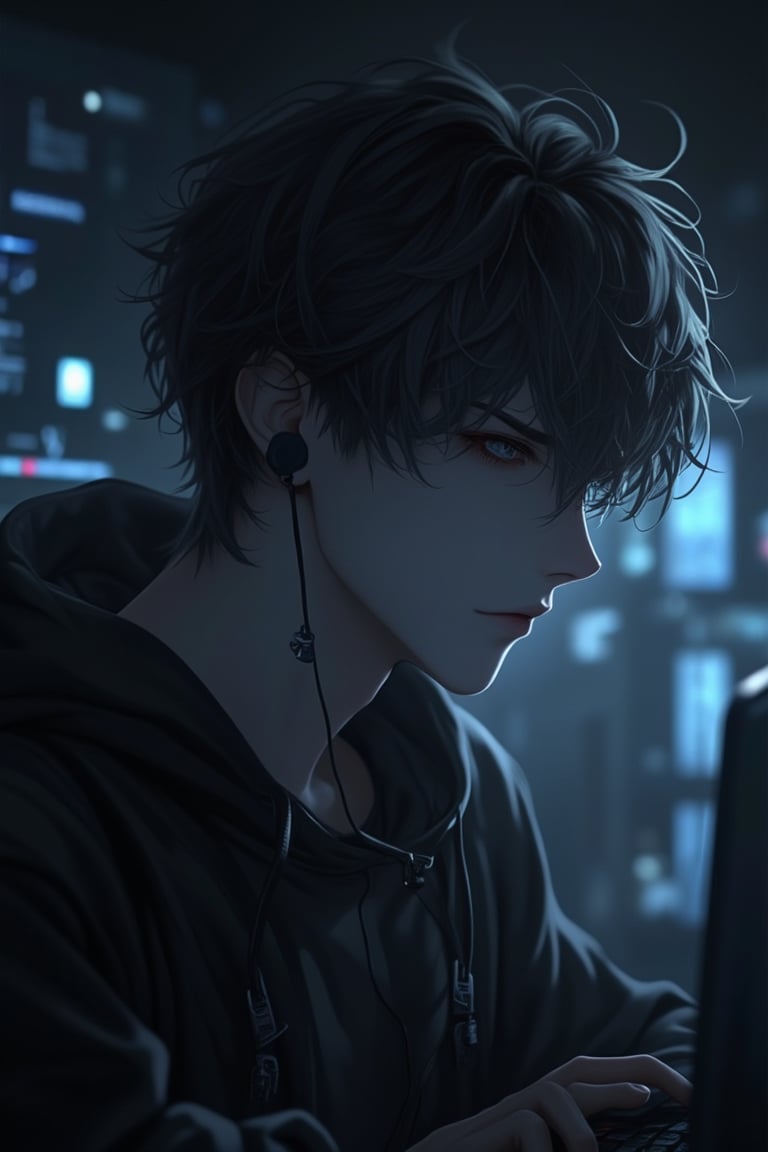 Anime style, exquisite male character in hacker mode, mysterious atmosphere, medium shot, dimly lit room, detailed facial features, intense eyes, focused expression, wearing a hoodie and tech accessories, digital interface in the background, soft ambient lighting, slight shadows, emphasis on the character's intellectual and enigmatic presence.