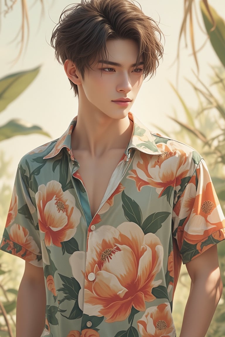 Anime style, exquisite male character, wearing a vibrant flowers shirt, medium shot, soft pastel colors, detailed facial features, expressive eyes, gentle lighting, standing in a natural setting, relaxed posture, focus on the intricate floral design of the shirt, delicate shading and highlights, gentle breeze, slight smile.