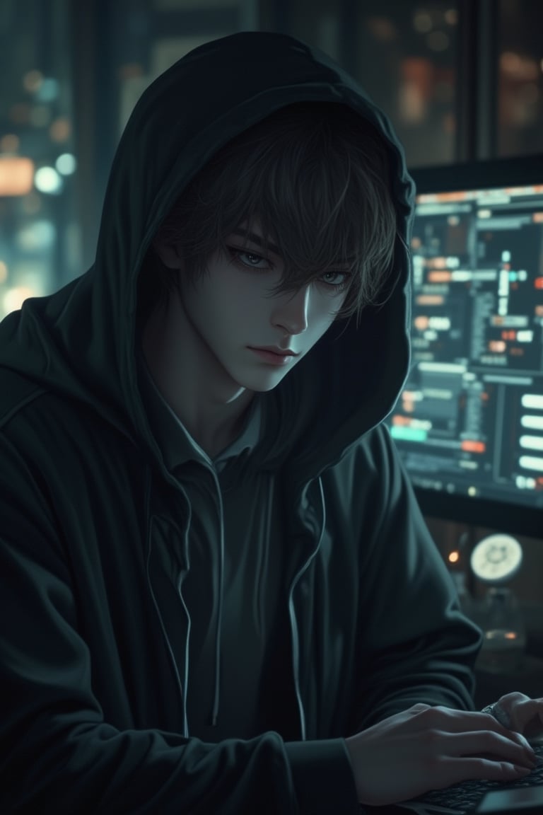 Anime style, exquisite male character in hacker mode, mysterious atmosphere, medium shot, dimly lit room, detailed facial features, intense eyes, focused expression, wearing a hoodie and tech accessories, digital interface in the background, soft ambient lighting, slight shadows, emphasis on the character's intellectual and enigmatic presence.