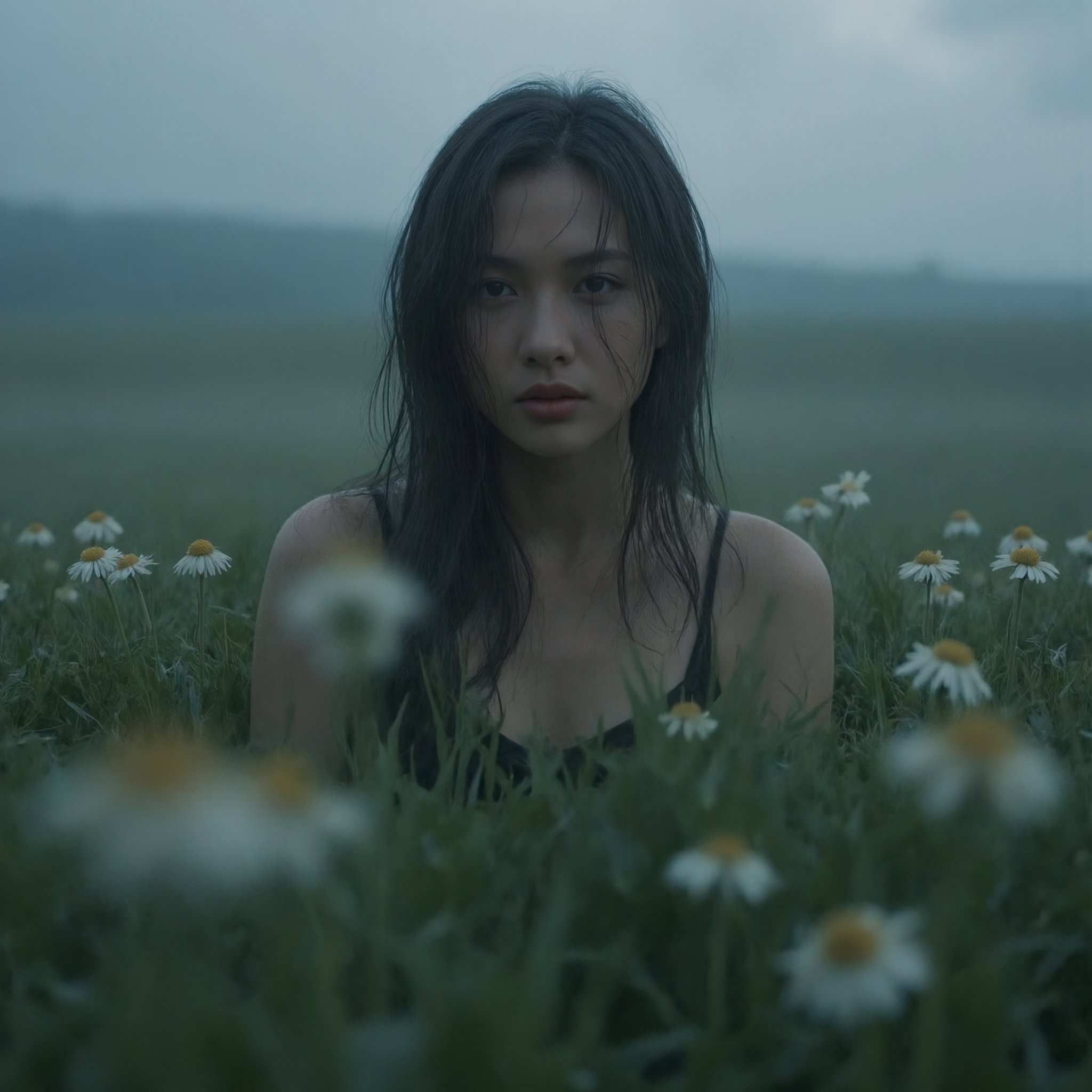 A dramatic and intimate photo-realistic portrait of a woman standing alone in a vast, misty field. Lush green grass and wildflowers sway around her under the weight of the pouring rain, which falls relentlessly from a gloomy, overcast sky. Her dark hair clings to her face, heavy with water, and raindrops glisten on her skin. Her eyes are cast downward, conveying a quiet, introspective melancholy. Subtle nuances of light and shadow play across her figure, with the rain reflecting the diffused light. The camera captures her from a slightly tilted angle, adding dynamic tension, while she is positioned off-center, surrounded by ample negative space, amplifying the feeling of solitude and deep contemplation.,Mcot