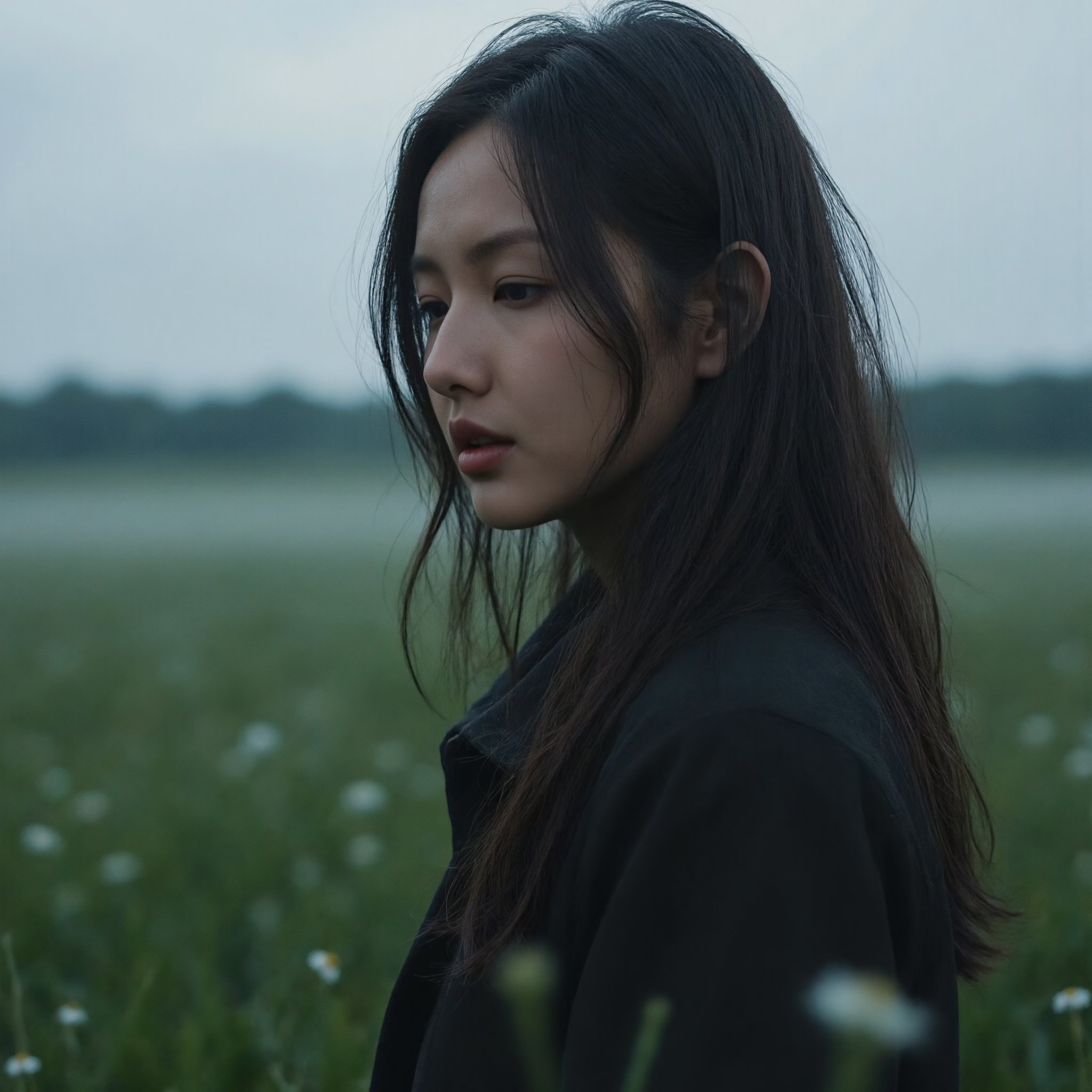 A dramatic and intimate photo-realistic portrait of a woman standing alone in a vast, misty field. Lush green grass and wildflowers sway around her under the weight of the pouring rain, which falls relentlessly from a gloomy, overcast sky. Her dark hair clings to her face, heavy with water, and raindrops glisten on her skin. Her eyes are cast downward, conveying a quiet, introspective melancholy. Subtle nuances of light and shadow play across her figure, with the rain reflecting the diffused light. The camera captures her from a slightly tilted angle, adding dynamic tension, while she is positioned off-center, surrounded by ample negative space, amplifying the feeling of solitude and deep contemplation.,Mcot