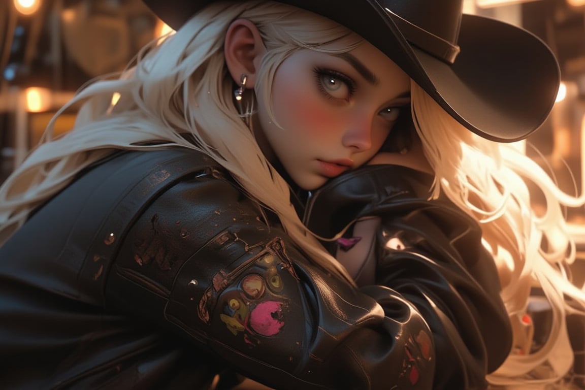 1girl, leather, leather_jacket, blonde_hair, solo, cowboy_hat, hat, blue_eyes, jacket, looking_at_viewer, denim_jacket, jewelry, earrings, lips, nose, head_rest, long_sleeves, long_hair, mercy_(overwatch), black_jacket, realistic, cafe,FLUX_QTGirlNimE,NiJi_2_FLUX, QTGIRLREAL,REALNIME