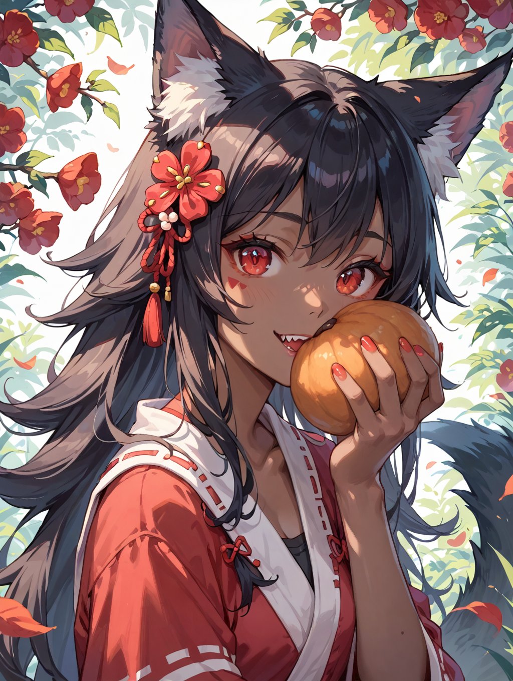 score_9, score_8_up, score_7_up,perfect eyes, kitsune, werewolf, red eyes, black skin, pretty girl, cute girl, teasing