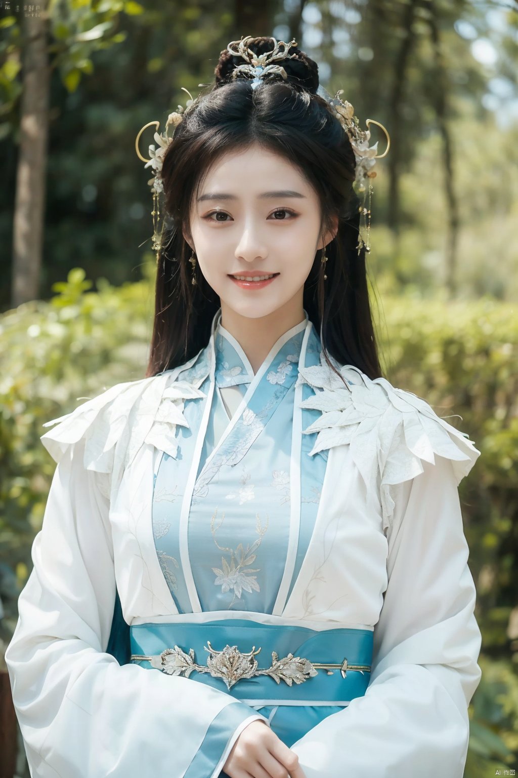 1girl,hanfu,realistic,long hair,hair ornament,long sleeves,blurry background,chinese clothes,brown hair,solo,blurry,upper body,black hair,holding,dress,closed mouth,solo focus,smile,