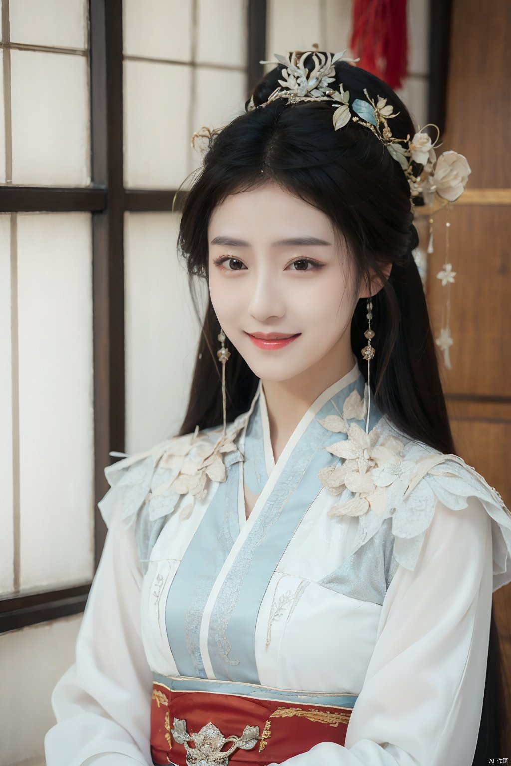 1girl,hanfu,realistic,long hair,hair ornament,long sleeves,blurry background,chinese clothes,brown hair,solo,blurry,upper body,black hair,holding,dress,closed mouth,solo focus,smile,