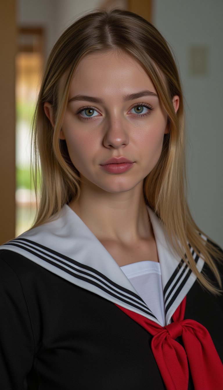 (masterpiece, realistic, best quality, ultra detailed), intricate, professional photography, HDR, High Dynamic Range, (8k UHD), RAW photo, dslr, perfect lighting, professional lighting, cinematic lighting, cinematic shadows, iridescent lighting, a womanl, Blonde Girl, Fashion Top Model, sailor dress cosplay, outfit Face Details:1.8, 