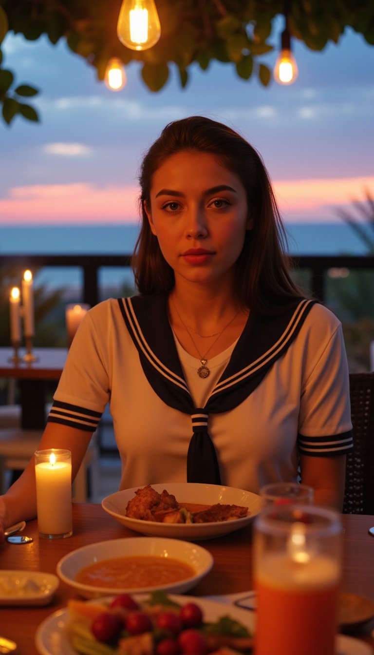 8k, RAW photo, best quality, depth of field, ultra high res:1.2), (intricate, photorealistic, masterpiece, ultra-detailed), dynamic lighting, a woman in an outdoor restaurant overlooking the ocean, table has food and drinks, candles, vibrant colors, she is styling with aschool uniform, detailed expressive eyes, bright mood lighting,