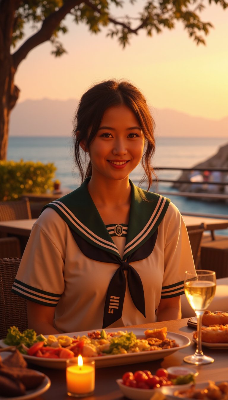 **8K RAW Masterpiece**: Capture a stunning ultra-high-resolution image of a woman sitting at an outdoor restaurant overlooking the ocean. The scene is set in a warm, golden light with vibrant colors and intricate details. She wears a school uniform, her expressive eyes shining bright with a sense of joy. In front of her, a table features a sumptuous spread of food, drinks, and candles. Dynamic lighting creates depth and dimension. **'FLUX'** boldly emblazoned on the RGB strips adds an artistic touch to this photorealistic masterpiece.