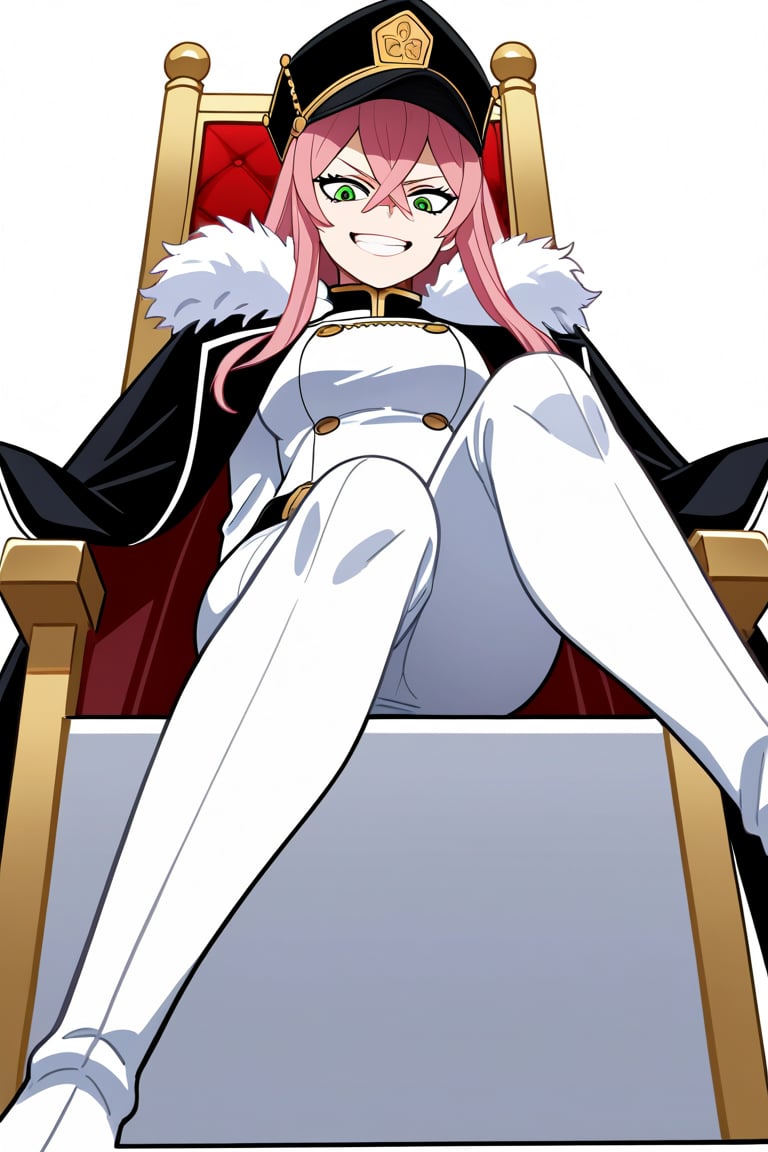 score_9, score_8_up, score_7_up, score_6_up, Masterpiece, best quality, high quality, highres, 4k, BREAK, Source_anime, anime screencap,
1girl, princia, pink hair, long hair, green eyes, white uniform,  white skirt, white pants,  black military cap, white fur trim, black thigh high boots, black jacket, cape, coat, belt, buttons,  black military hat, 

, Sitting,  throne, legs crossed, dominate female, from below, grin, 


, solo, 

, 

,((white background, blank background)):1.4
,Princia