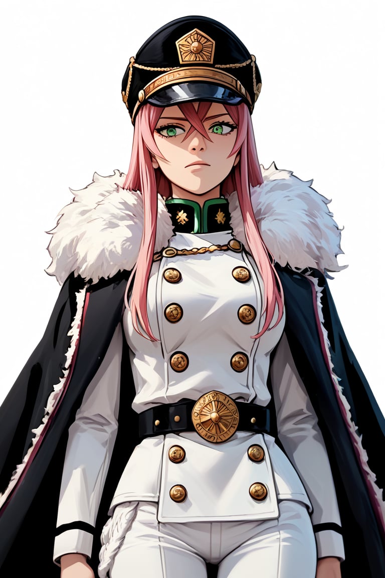 score_9, score_8_up, score_7_up, score_6_up, Masterpiece, best quality, high quality, highres, 4k, BREAK, Source_anime, anime screencap,
1girl, princia, pink hair, long hair, green eyes, white uniform,  white skirt, white pants,  black military cap, white fur trim, black thigh high boots, black jacket, cape, coat, belt, buttons,  black military hat, 



, solo, 

, 

,((white background, blank background)):1.4
,Princia