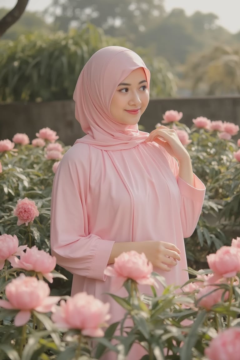 adelliahalim's pink hijab cascades like a golden waterfall as she stands full body amidst a lush garden, surrounded by thousands of delicate peonies. The soft sunlight casts a cold glow on her serene face and the vibrant petals, creating a stunning contrast. Her traditional Chinese hanfu dress flows around her slender figure, blending harmoniously with the natural beauty of the flowers.