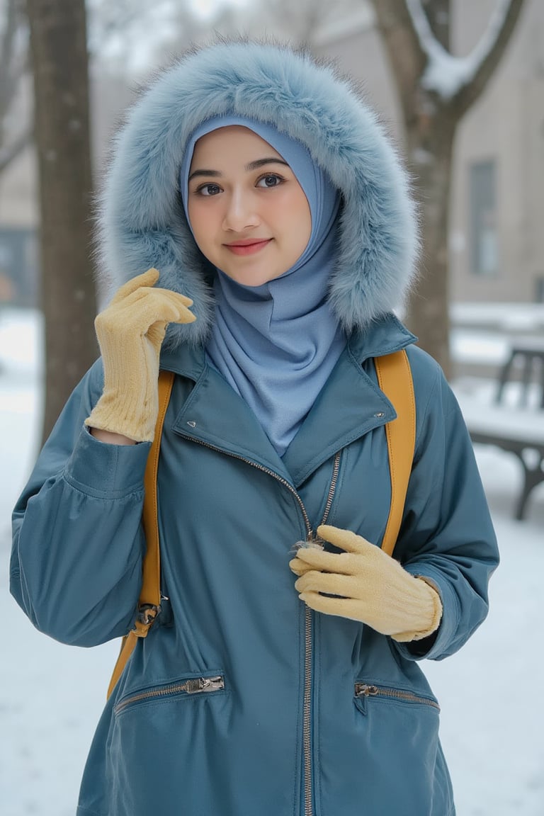 Masterpiece, solo, front view, eye-level shot of a beautiful adelliahalim wearing blue hijab with standing in a ((snowy winter)) scene. She wears a blue leather jacket, yellow leather backpack, and yellow gloves, with a light blue fur hood adding warmth. The blurred background contrasts sharply with her clothing. 128k, 80mm, Neo-Rococo Art.