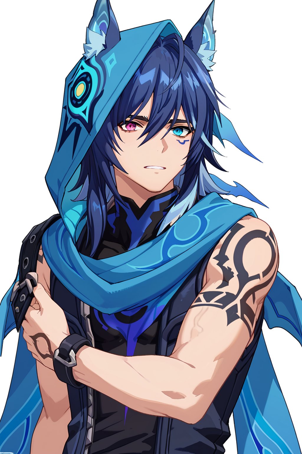 score_9, score_8_up, score_7_up, source_anime, BREAK, 1boy, male focus, solo,mature male, Ororon, blue hair, light blue streaked hair, medium hair, heterochromia, pink eye, blue eye, animal ears, facial mark, black sleeveless shirt, blue scarf, blue hood up, arm tattoo, looking at viewer, portrait, simple background