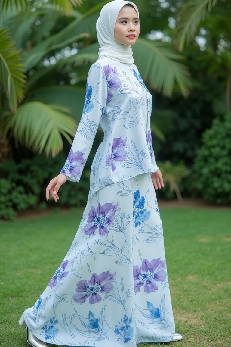 A photograph of a young Asian woman hijab standing outdoors in a lush garden. She has fair skin and hijab styled. She wears a flowing, floor-length white dress baju kurung malaysia adorned with large, pastel blue and purple floral patterns baju kurung malaysia. The dress baju kurung malaysia has a high collar and long, billowy sleeves. She stands on a patch of green fantasy grass with a backdrop of dense, green foliage and palm trees. The image is serene and elegant, highlighting the natural beauty of the setting and the intricate design of her attire. baju kurung malaysia,