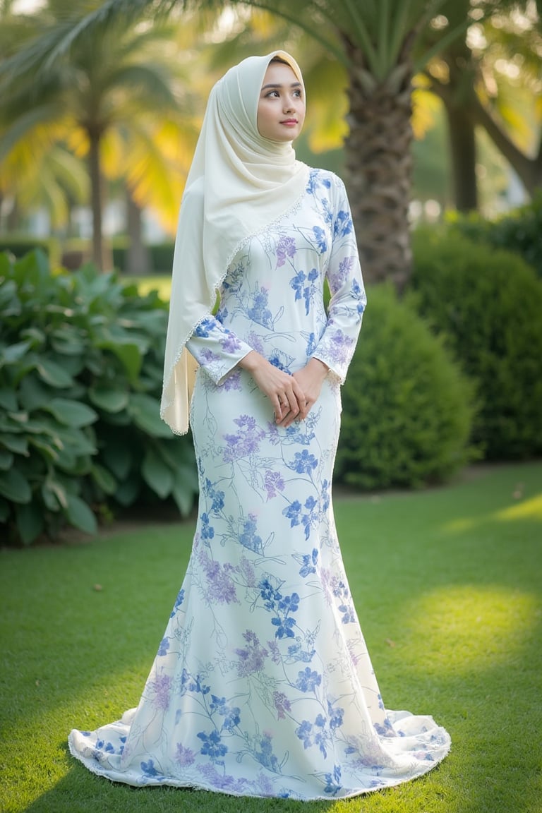 A young Asian woman in hijab poses serenely amidst lush garden surroundings. She wears a stunning white baju kurung malaysia dress with pastel blue and purple floral patterns, its flowing sleeves and high collar framing her fair skin. Set against a backdrop of dense foliage and palm trees, the dress's intricate design shines against the green grass beneath. The warm sunlight casts a soft glow, accentuating the regal elegance of this whimsical scene.