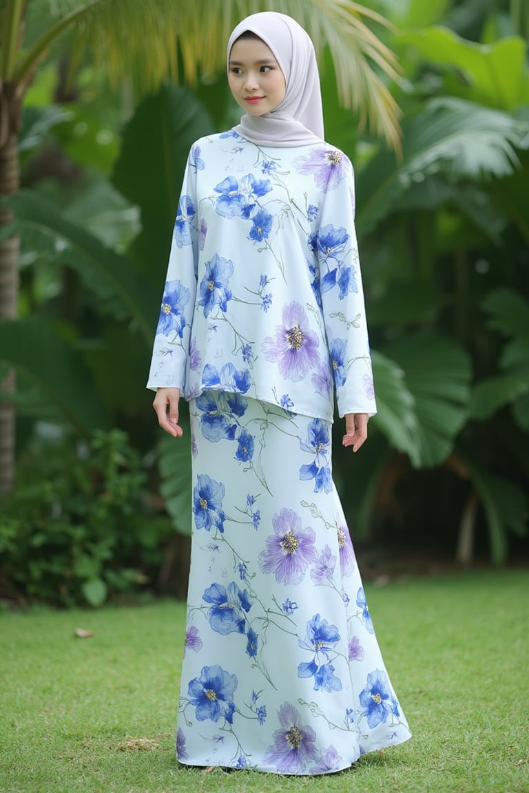 A photograph of a young Asian woman hijab standing outdoors in a lush garden. She has fair skin and hijab styled. She wears a flowing, floor-length white dress baju kurung malaysia adorned with large, pastel blue and purple floral patterns baju kurung malaysia. The dress baju kurung malaysia has a high collar and long, billowy sleeves. She stands on a patch of green grass with a backdrop of dense, green foliage and palm trees. The image is serene and elegant, highlighting the natural beauty of the setting and the intricate design of her attire. baju kurung malaysia,Fantasy Regal Artgem