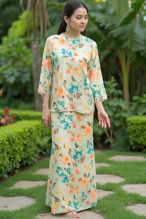 A photograph of a woman standing in a lush, green garden. She wears a light beige, long-sleeved blouse with colorful floral patterns in turquoise, orange, and brown. The blouse baju kurung malaysia is paired with a matching long skirt. Her hair is neatly tied back, and she wears minimal jewelry. The background features manicured shrubs, a small stone pathway, and various tropical plants. The overall setting exudes a serene, natural ambiance. baju kurung malaysia