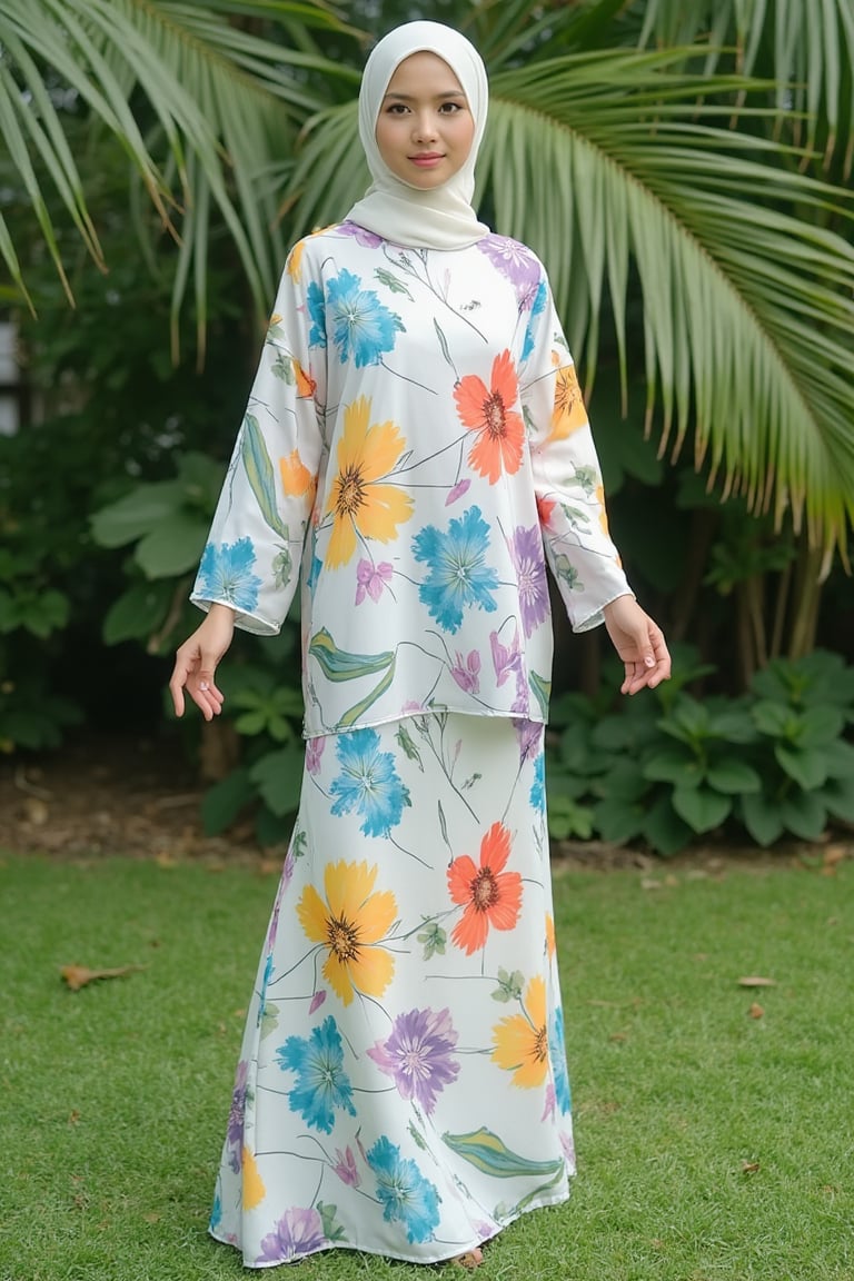 A photograph of a young Asian woman hijab standing outdoors in a lush garden. She has fair skin and hijab styled. She wears a flowing, floor-length white dress baju kurung malaysia adorned with large, pastel blue, yellow, red, white and purple floral patterns baju kurung malaysia. The dress baju kurung malaysia has a high collar and long, billowy sleeves. She stands on a patch of green fantasy grass with a backdrop of dense, green foliage and palm trees. The image is serene and elegant, highlighting the natural beauty of the setting and the intricate design of her attire. baju kurung malaysia,