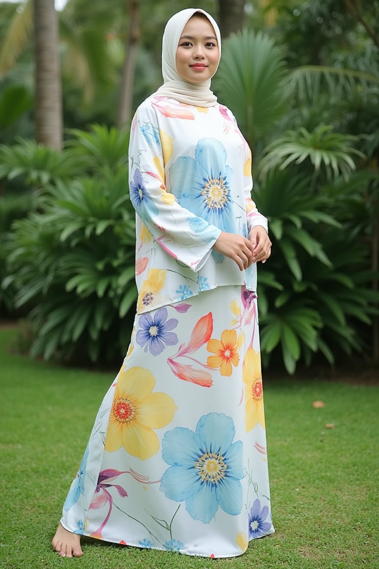 A photograph of a young Asian woman hijab standing outdoors in a lush garden. She has fair skin and hijab styled. She wears a flowing, floor-length white dress baju kurung malaysia adorned with large, pastel blue, yellow, red, white and purple floral patterns baju kurung malaysia. The dress baju kurung malaysia has a high collar and long, billowy sleeves. She stands on a patch of green fantasy grass with a backdrop of dense, green foliage and palm trees. The image is serene and elegant, highlighting the natural beauty of the setting and the intricate design of her attire. baju kurung malaysia,