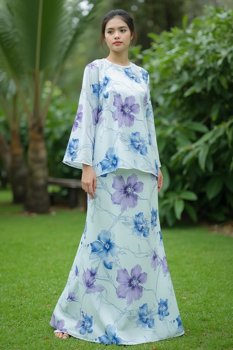 A photograph of a young Asian woman standing outdoors in a lush garden. She has fair skin and dark hair styled in a bun. She wears a flowing, floor-length white dress baju kurung malaysia adorned with large, pastel blue and purple floral patterns baju kurung malaysia. The dress baju kurung malaysia has a high collar and long, billowy sleeves. She stands on a patch of green grass with a backdrop of dense, green foliage and palm trees. The image is serene and elegant, highlighting the natural beauty of the setting and the intricate design of her attire. baju kurung malaysia