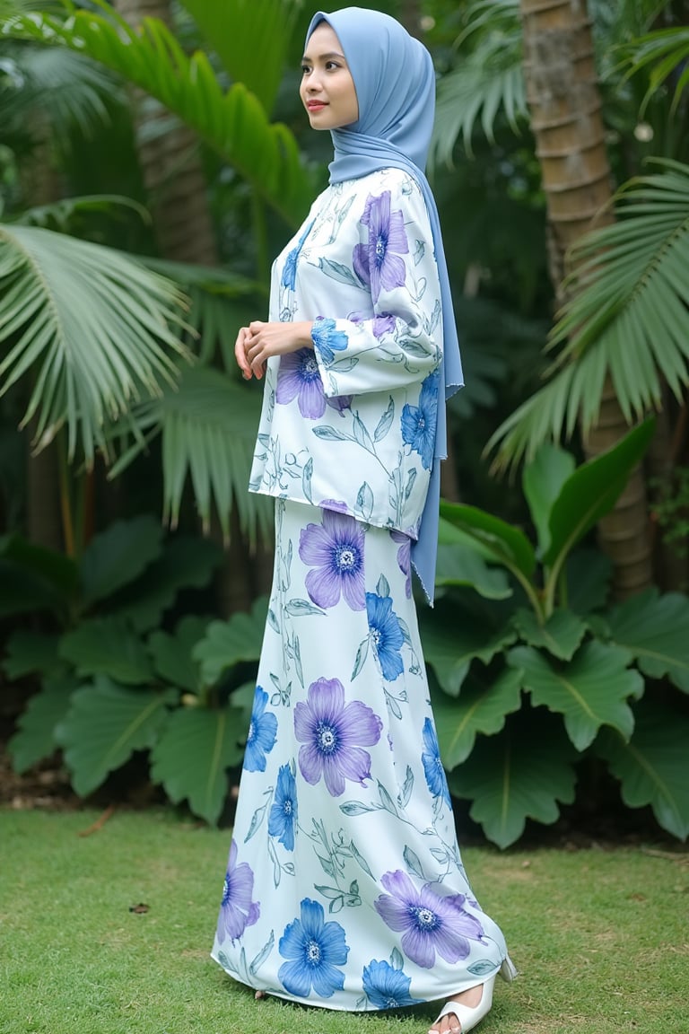 A photograph of a young Asian woman hijab standing outdoors in a lush garden. She has fair skin and hijab styled. She wears a flowing, floor-length white dress baju kurung malaysia adorned with large, pastel blue and purple floral patterns baju kurung malaysia. The dress baju kurung malaysia has a high collar and long, billowy sleeves. She stands on a patch of green grass with a backdrop of dense, green foliage and palm trees. The image is serene and elegant, highlighting the natural beauty of the setting and the intricate design of her attire. baju kurung malaysia,Fantasy Regal Artgem