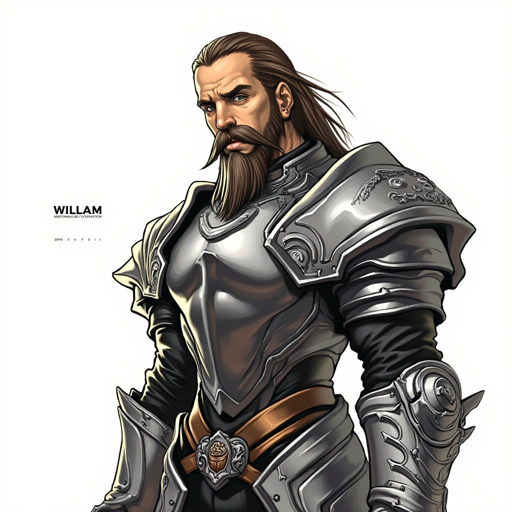 
a medium-sized illustration of a man in a metallic armor, adorned with a long beard and mustache, stands in a stark white backdrop. The man's armor is adorned with silver accents, adding a touch of contrast to the composition. The word "WILLAM" is written in a bold, black font to the left of the image.
dal