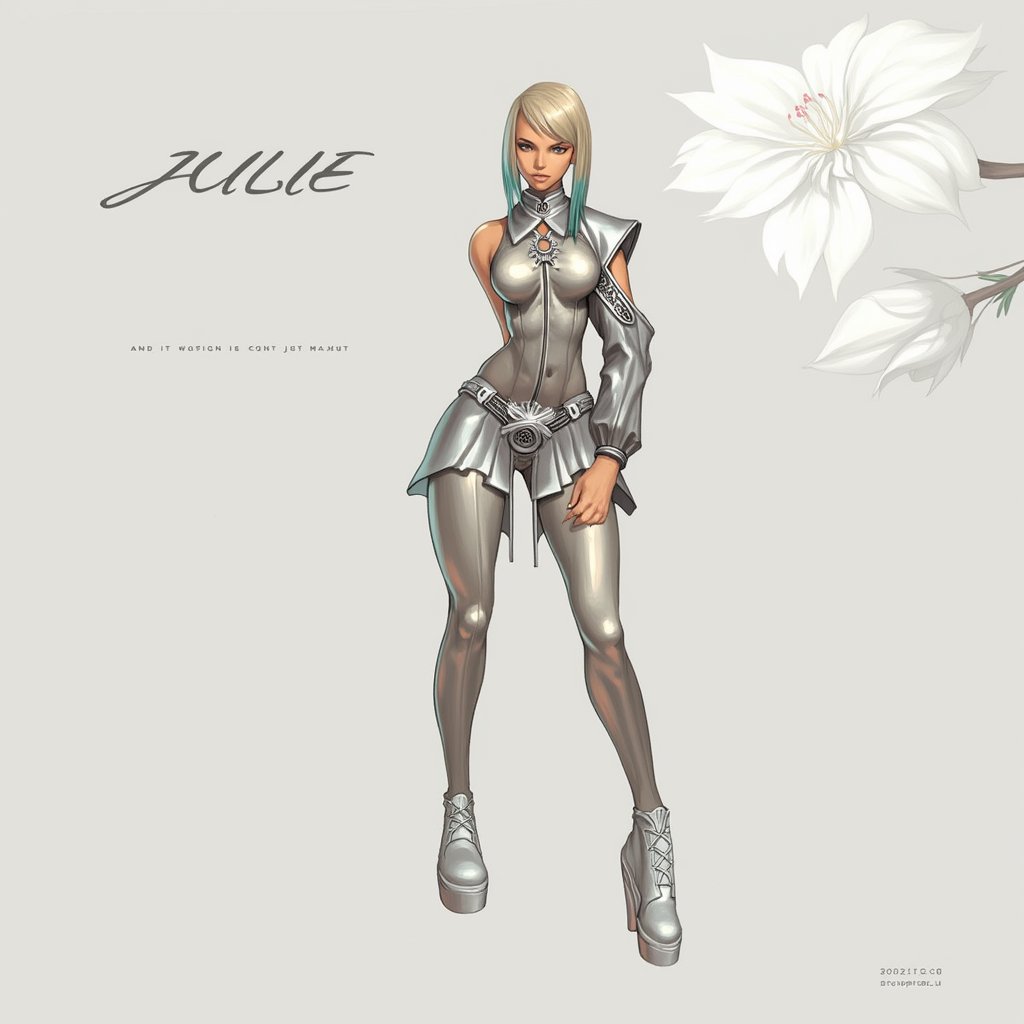 
a medium-sized cartoon depiction of a female warrior is depicted in a stunning pose. She is dressed in a metallic outfit, adorned with a silver belt and silver shoes. Her hair is styled in a bob, adding a touch of color to her outfit. The background is a light gray, with a white flower in the upper right corner of the frame. The word "JULIE" is written in a bold font at the top left of the image. A watermark in the bottom right corner is visible in the lower right corner.
dal