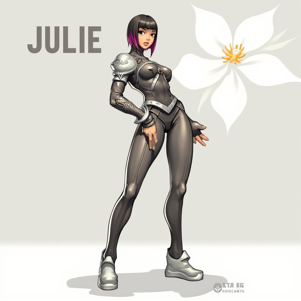 
a medium-sized cartoon depiction of a female warrior is depicted in a stunning pose. She is dressed in a metallic outfit, adorned with a silver belt and silver shoes. Her hair is styled in a bob, adding a touch of color to her outfit. The background is a light gray, with a white flower in the upper right corner of the frame. The word "JULIE" is written in a bold font at the top left of the image. A watermark in the bottom right corner is visible in the lower right corner.
dal