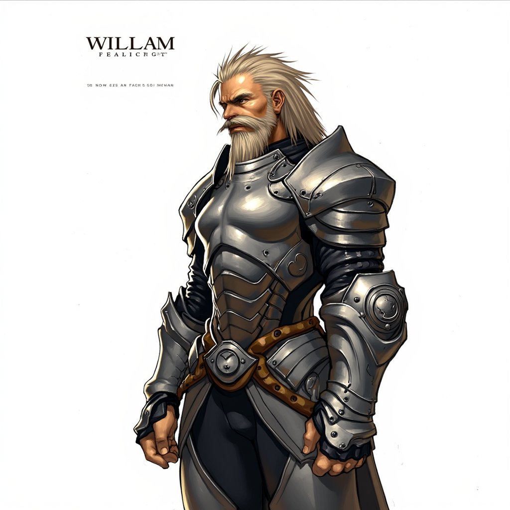 a medium-sized illustration of a man in a metallic armor, adorned with a long beard and mustache, stands in a stark white backdrop. The man's armor is adorned with silver accents, adding a touch of contrast to the composition. The word "WILLAM" is written in a bold, black font to the left of the image. dal