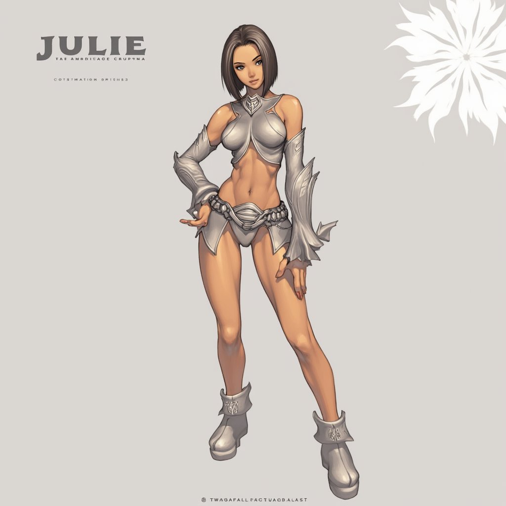 a medium-sized cartoon depiction of a female warrior is depicted in a stunning pose. She is dressed in a metallic outfit, adorned with a silver belt and silver shoes. Her hair is styled in a bob, adding a touch of color to her outfit. The background is a light gray, with a white flower in the upper right corner of the frame. The word "JULIE" is written in a bold font at the top left of the image. A watermark in the bottom right corner is visible in the lower right corner. dal