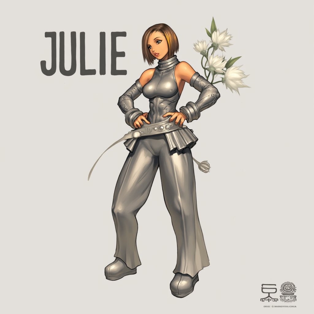 a medium-sized cartoon depiction of a female warrior is depicted in a stunning pose. She is dressed in a metallic outfit, adorned with a silver belt and silver shoes. Her hair is styled in a bob, adding a touch of color to her outfit. The background is a light gray, with a white flower in the upper right corner of the frame. The word "JULIE" is written in a bold font at the top left of the image. A watermark in the bottom right corner is visible in the lower right corner. dal