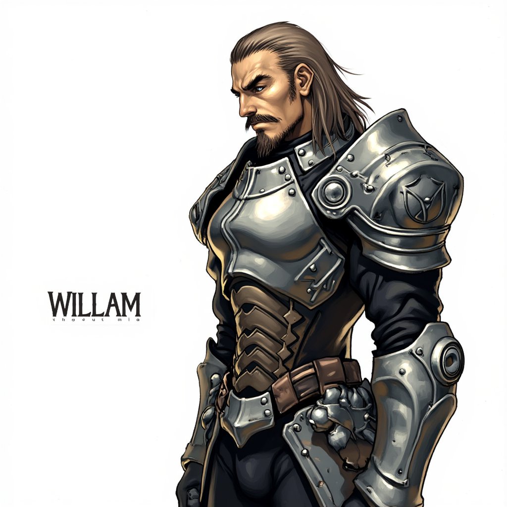 a medium-sized illustration of a man in a metallic armor, adorned with a long beard and mustache, stands in a stark white backdrop. The man's armor is adorned with silver accents, adding a touch of contrast to the composition. The word "WILLAM" is written in a bold, black font to the left of the image. dal