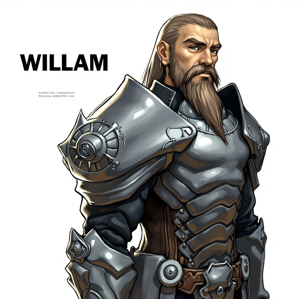 a medium-sized illustration of a man in a metallic armor, adorned with a long beard and mustache, stands in a stark white backdrop. The man's armor is adorned with silver accents, adding a touch of contrast to the composition. The word "WILLAM" is written in a bold, black font to the left of the image. dal