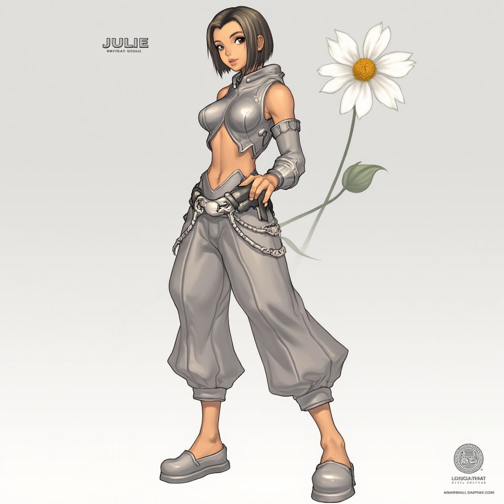 a medium-sized cartoon depiction of a female warrior is depicted in a stunning pose. She is dressed in a metallic outfit, adorned with a silver belt and silver shoes. Her hair is styled in a bob, adding a touch of color to her outfit. The background is a light gray, with a white flower in the upper right corner of the frame. The word "JULIE" is written in a bold font at the top left of the image. A watermark in the bottom right corner is visible in the lower right corner. dal