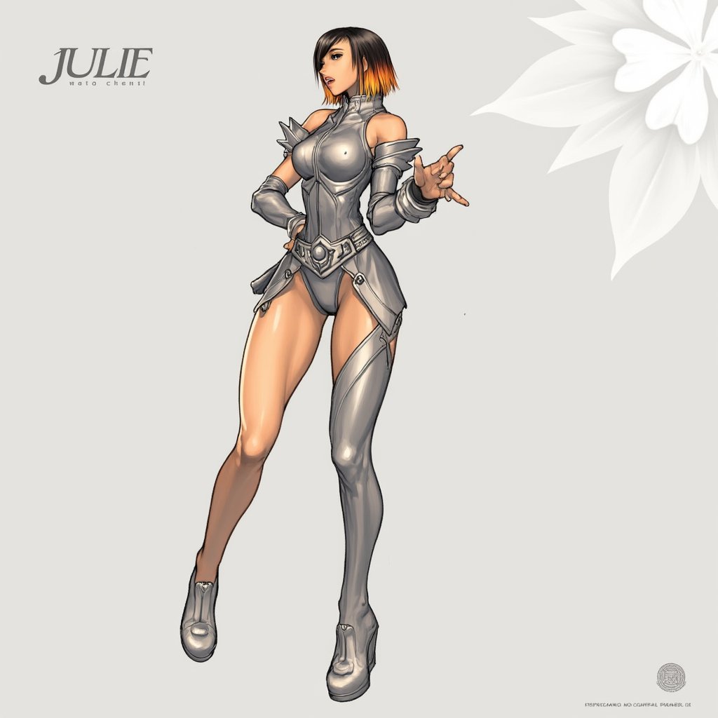 a medium-sized cartoon depiction of a female warrior is depicted in a stunning pose. She is dressed in a metallic outfit, adorned with a silver belt and silver shoes. Her hair is styled in a bob, adding a touch of color to her outfit. The background is a light gray, with a white flower in the upper right corner of the frame. The word "JULIE" is written in a bold font at the top left of the image. A watermark in the bottom right corner is visible in the lower right corner. dal