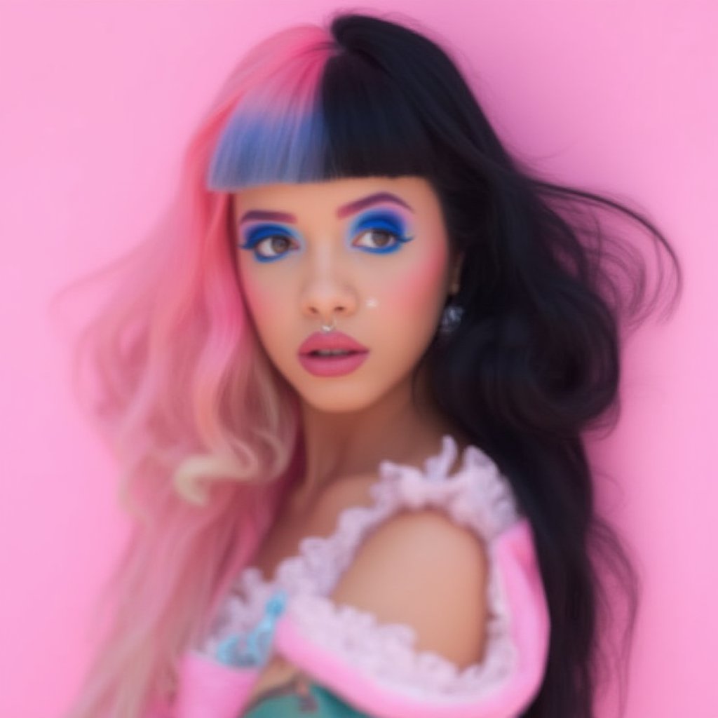 Cinematic sceme, high quality, ultra realistic, realistic, a woman of split dyed hair black and blue&pink gradient bangs, pink lipstick, blue eyebrows, hair ornament, she's in a pastel pink background looking to the pov