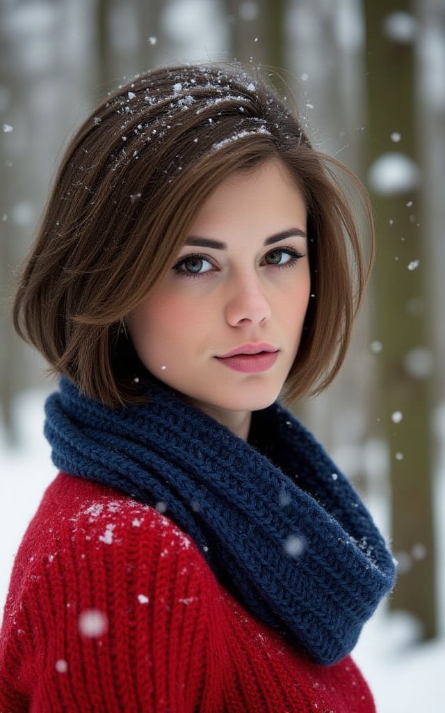 woc4pr1c3 with black eyeshadow, eyeliner wearing a red knitted sweater and blue scarf, she is in a forest in the middle of a snowstorm, out of focus background, she has brown hair and bob cut brown hair, the photo is very professional, with 8k resolution and high details