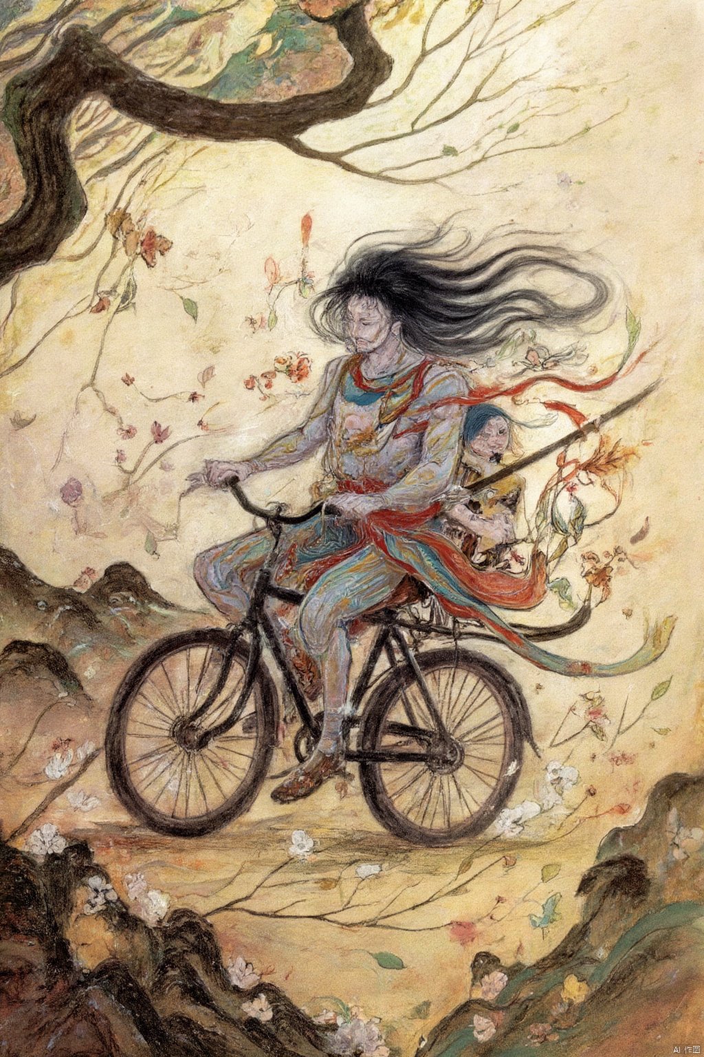  ink-painting,parody,fine art parody,riding,bicycle,ground vehicle,male focus,1boy,weapon,sword,black hair,tree,outdoors,multiple boys,faux traditional media,chinese clothes,instrument,blue hair,flower,sheath,solo,,