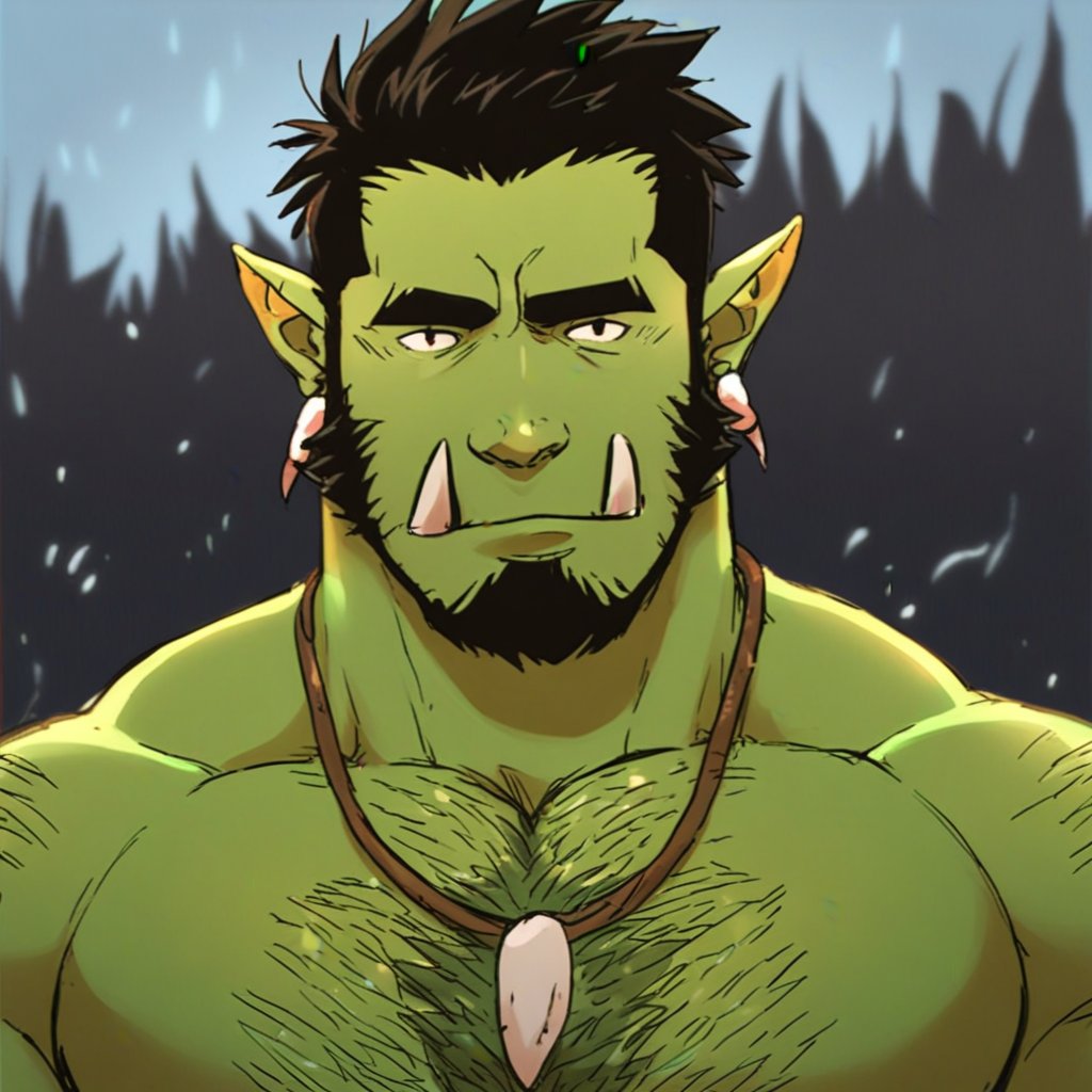 sanderthecat, 1boy, bara, beard, black hair, chest tuft, colored skin, earrings, extra tusks, facial hair, full beard, green skin, head tilt, jewelry, large pectorals, male focus, mature male, monster boy, muscular, muscular male, necklace, orc, outdoors, pectorals, pointy ears, short hair, solo, thick beard, thick chest hair, tooth necklace, tribal, tsurime, tusks, score_9, score_8_up, score_7_up, score_6_up, score_5_up, score_4_up